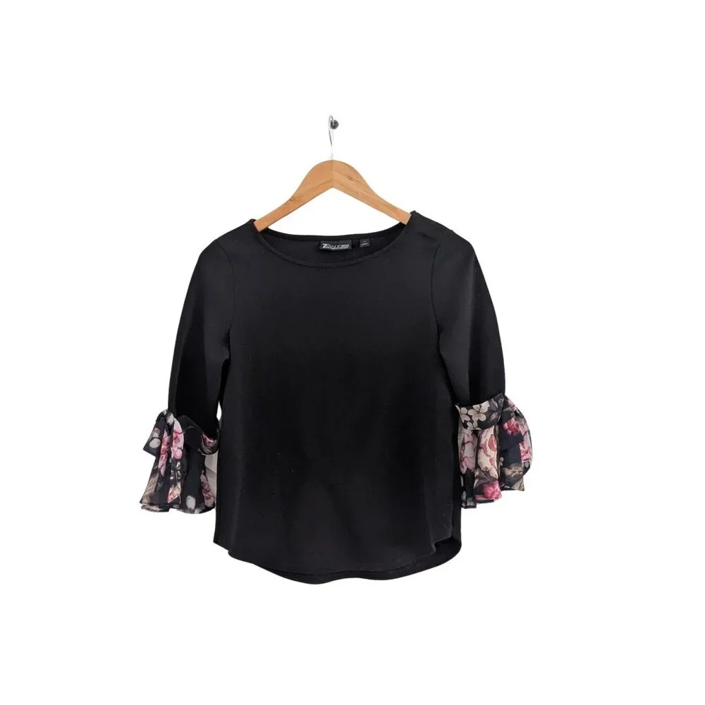 7th Avenue Design Studio Black TopXS Floral Ruffle Bell Sleeve Bow Stretch top - Picture 2 of 7